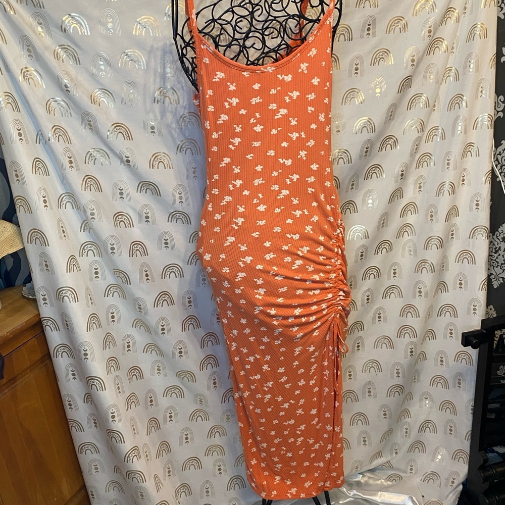 O'Neill Orange Ruched Spaghetti Strap Midi Dress